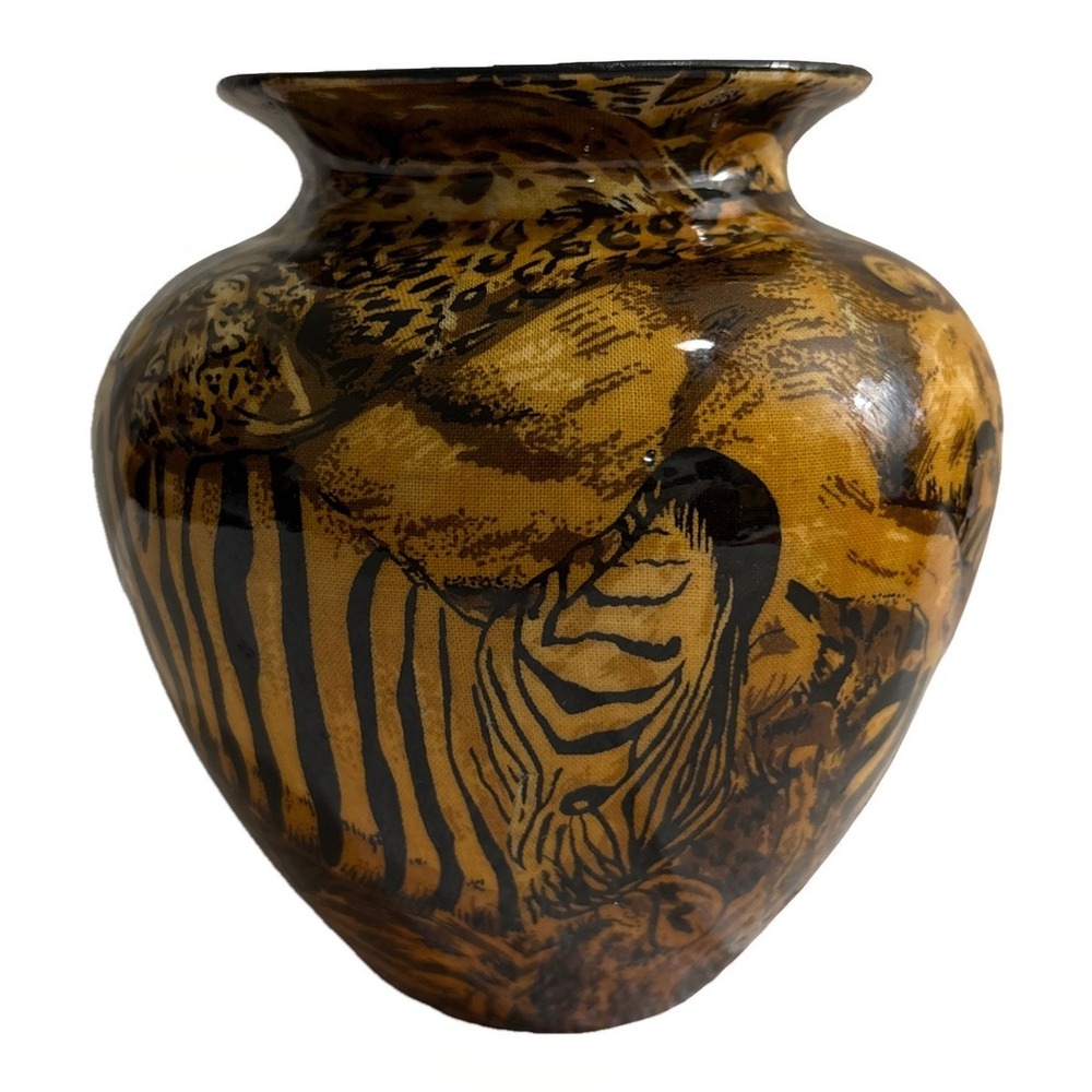 Vtg La Vie Safari Collection‎ Patchwork Ceramic Vase African Animal Print 5.5x5"